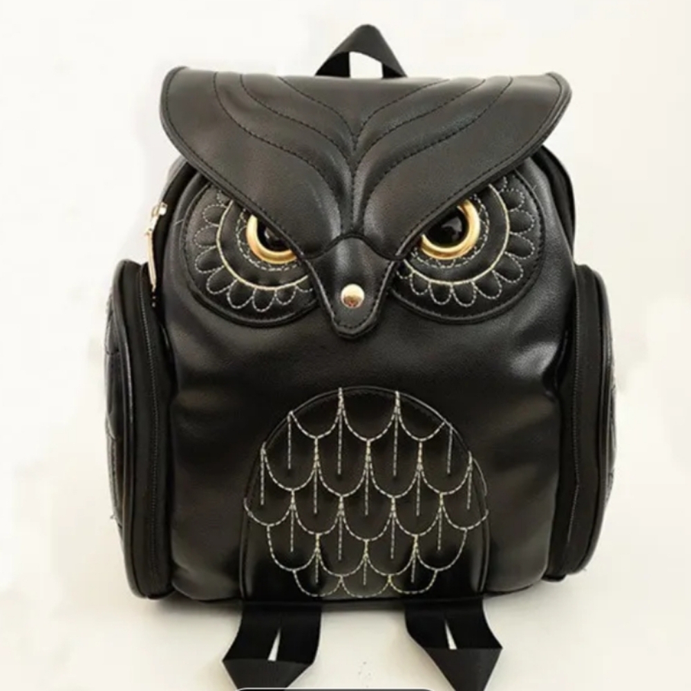 Black Owl-Design Faux Leather Unisex Backpack